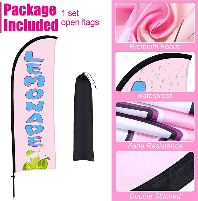 Buryeah Lemonade Feather Flag for Business Advertising 7x5.4ft Feather Flag Sign with Flagpole Ground Stake Portable Bag Lemonade Themed Banner with Rope for Outside Garden Business Party (Pink)