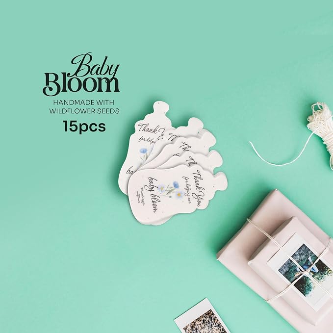 15pcs Blue Baby Bottle-Shaped Gift Tags with Wildflower Seeds - Writable Gift Wrap Tags for Baby Showers, Mother's Day Present, Party Favors, DIY Crafts, & Earth Day Decorations