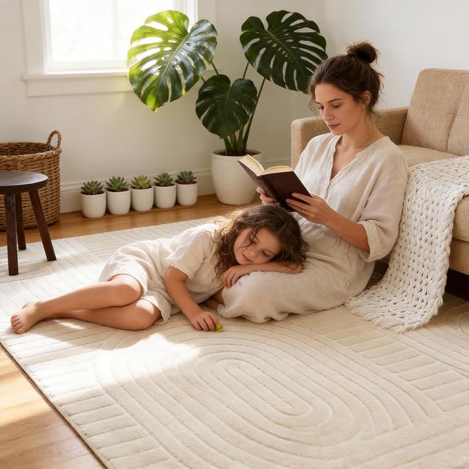 5x7 Solid Beige Area Rugs for Living Room, Geometric Washable Rug | Soft Fluffy Non-Slip Indoor Carpet, Neutral, Boho Modern Floor Rugs for Bedroom, Bedside, Kids Room, Nursery, Entryway