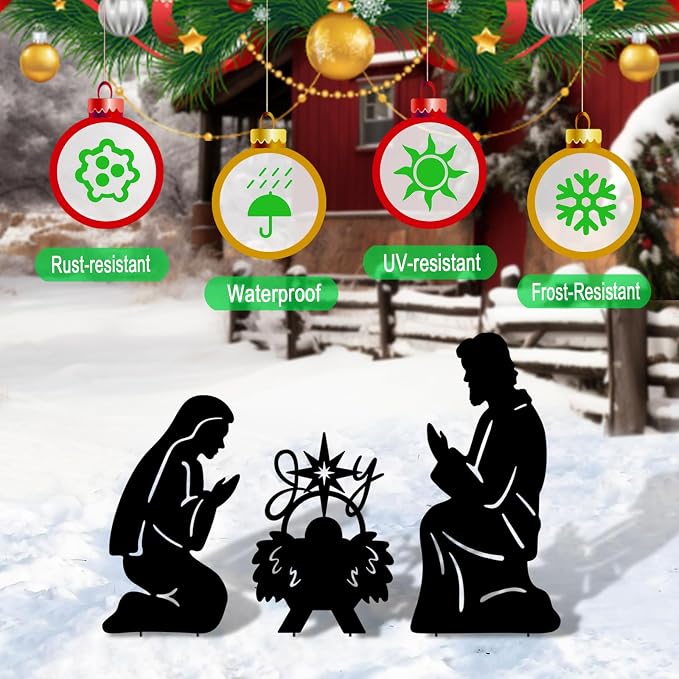 3Pack Metal Nativity Scene Silhouette Outdoor,Christmas Decorations Nativity Set Garden Stake for Outside,Holy Family Yard Deco