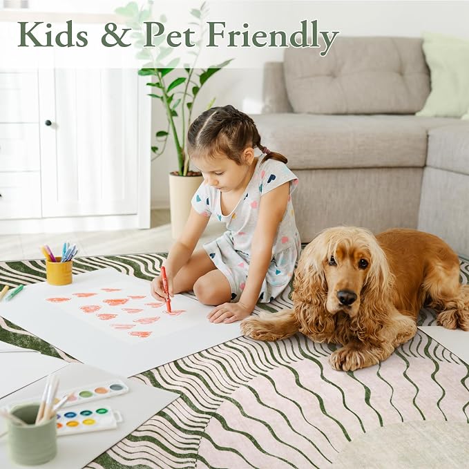 Hedlive Boho Washable Rug 6x9, Soft 6x9 Green Rugs for Living Room Classroom, Ultra-Thin Non Slip Bedroom Rug Stain Resistant Large Carpet for Dining Room Nursery(6'x9',Green/Multi)