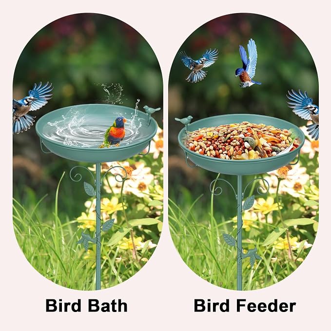 Bird Bath for Outside 38.5 Inch Green Freestanding Garden Birdbath | Metal bird bath with floral scroll 5-Pronged Base Deep large bowl for birds drinking & bathing Yard patio landscape decor