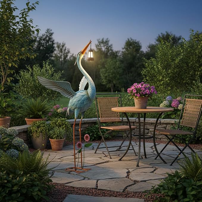 Crane Garden Statue with Solar Lantern, Large Blue Heron Outdoor Staue Garden Decor, Metal Crane Sculpture Yard Art Decor for Lawn, Backyard, Porch