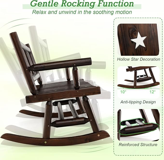 Giantex Outdoor Rocking Bench, Patio Loveseat Rocker for 2 w/Ergonomic Back & Log Arms, Carbonized Fir Wood Frame, Wooden Double Rocking Chair for Porch, Garden, 710 LB Capacity, Rustic Brown (2)
