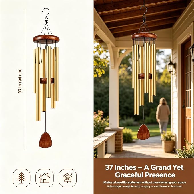 37 Inch Deep Tone Wind Chimes for Outside, Memorial Wind Chimes for Loss of Loved One, Large Gold Metal Wind Chimes for Garden Decor, Sympathy Gifts for Bereavement, Outdoor Chimes