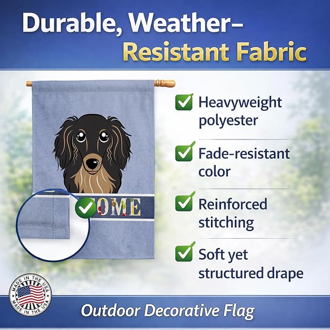 Caroline's Treasures BB1399CHF Longhair Black and Tan Dachshund Welcome House Flag, Blue Large Porch Sleeve Pole Decorative Outside Yard Banner Artwork Wall Hanging, Polyester, House Size, Multicolor