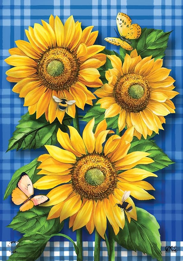 Blue Sunflowers Summer House Flag Plaid Floral 28" x 40" Briarwood Lane