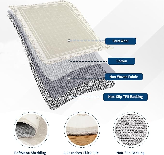 Garvee Large Area Rug Washable 10x13 Scalloped Floral Living Room Rug Beige | Soft Non Slip Low Pile Indoor Carpet Stain Resistant Modern Bordered Accent Carpet for Bedroom Nursery Kids Room Office