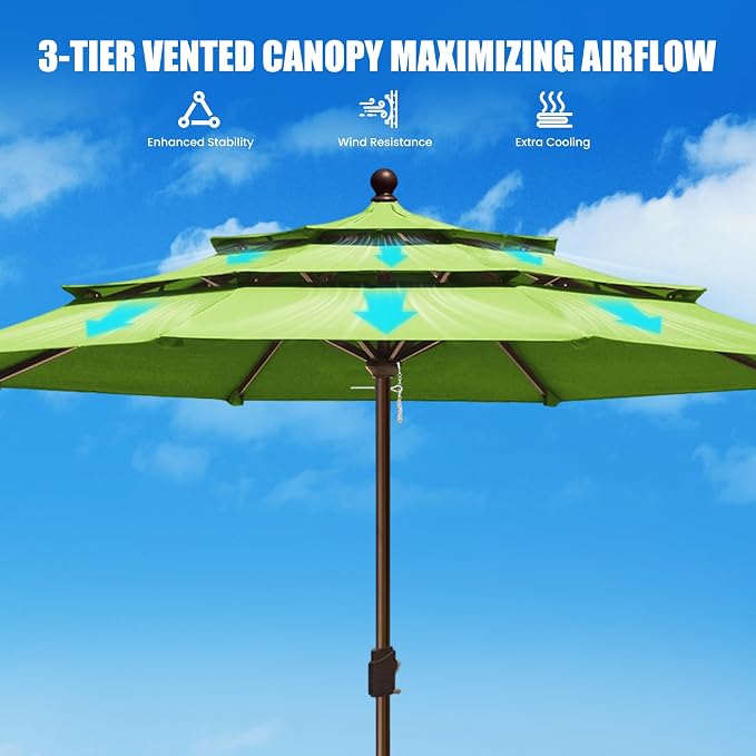EliteShade USA 10-Year-Non-Fading 11ft 3-Tier Market Patio Umbrella, Commercial Grade Outdoor Table Umbrella with Crank Open, Windproof & UPF 50+ UV Protection, Heavy Duty Ventilation for Garden, Deck, Pool, Backyard, Beach & Bistro, No Tilt, Macaw Green