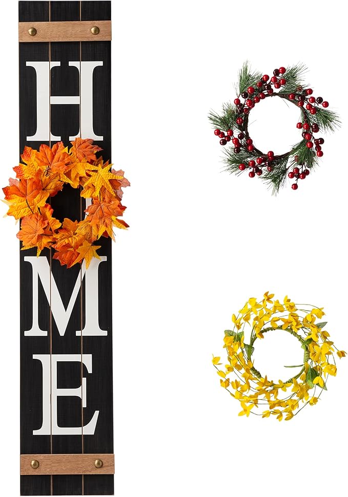 Glitzhome 42" Wooden Welcome Home Porch Sign with Interchangeable Wreaths for Front Door Vertical Farmhouse Standing Home Sign Hanging Wall Sign for Year Spring Fall Thanksgiving Christmas