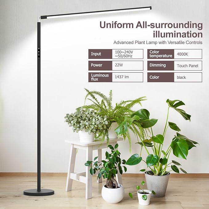 STERREN Plant Floor Lamp for Indoor Plants, Full Spectrum LED Grow Light with 4/8/12H Timer, Dimmable Black Plant Light with Stand, Rotary Tall Grow Lights Head Adjustable, 4000K