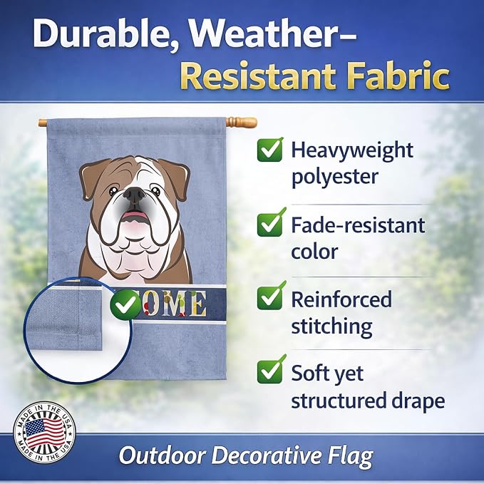Caroline's Treasures BB1405CHF English Bulldog Welcome House Flag, Blue Large Porch Sleeve Pole Decorative Outside Yard Banner Artwork Wall Hanging, Polyester, House Size, Multicolor