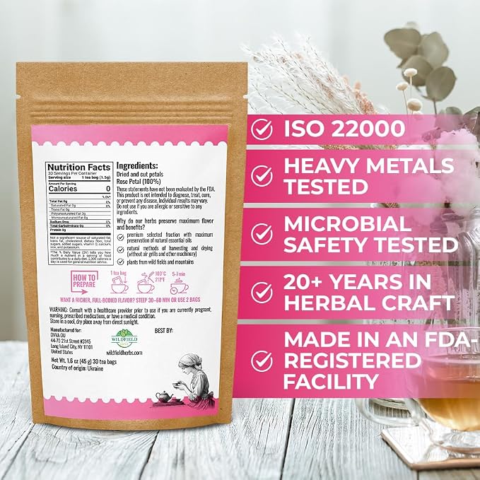 30 Bags Rose Petal Buds Herbal Tea (Rosa Damascena) - 30 Count 1g Bags Dried Rose Herb Té De Rosa