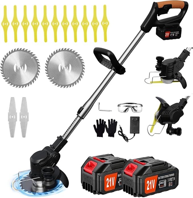 Electric Weed Wacker Cordless, 21V Weed Cordless Eater with 2Pcs 4.0Ah Batteries,3 in 1 Brush Cutter, Lightweight Grass Trimmer/Lawn Edger for Garden Yard