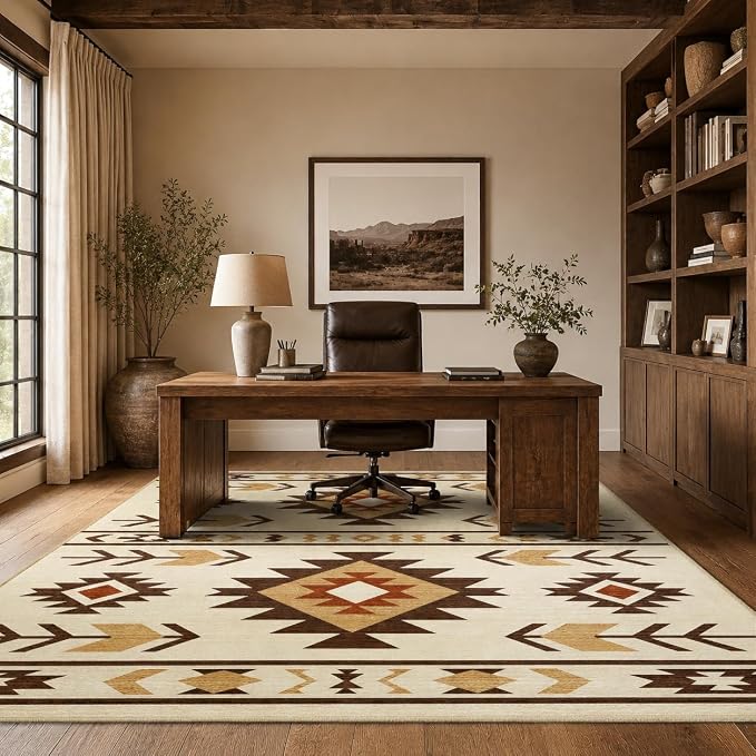 8x10 Area Rug for Living Room Western Rug Southwestern Aztec Tribal Rugs Southwest Navajo Machine Washable Non-Slip Printed Low-Pile Floor Carpet for Bedroom Dining Room Office, Camel