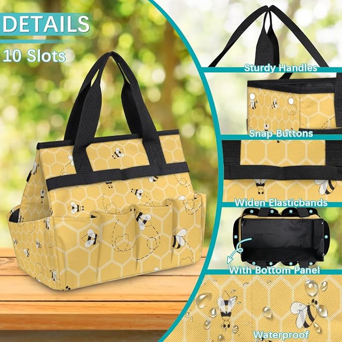 Honeycomb Bee Garden Tool Bag for Women Waterproof & Reusable Heavy Duty Gardening Tote Storage Organizer Toiletry Bag with 10 Pockets for Garden Lawn Yard Casual Camp