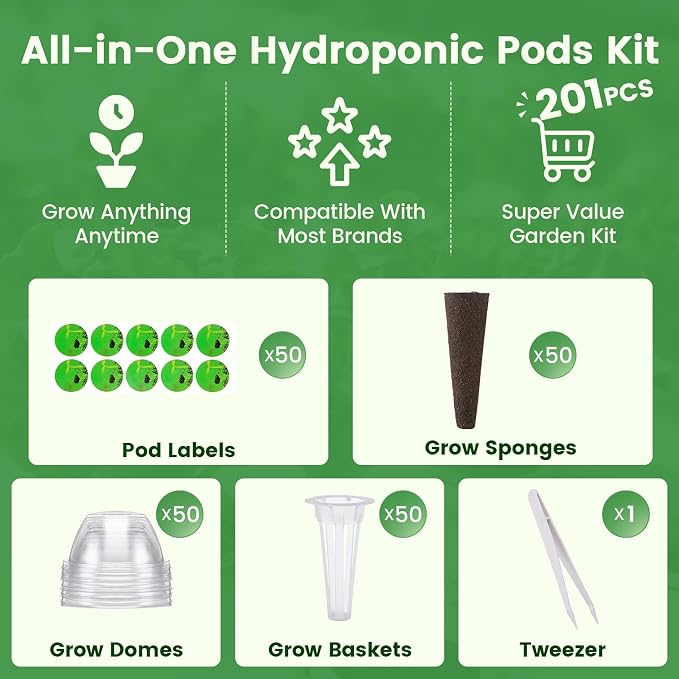 201Pcs Hydroponic Pods Kit | Compatible with Aerogarden, 50 Grow Sponges & Labels, 50 Baskets & Domes, 1 Tweezers, For Vegetables, Herbs, Lettuce
