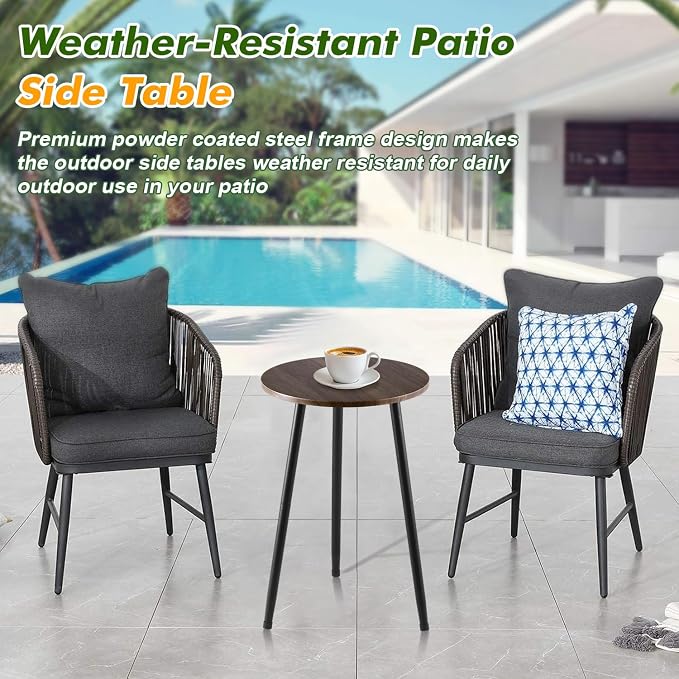 Metal Outdoor Side Tables Set of Two Small Outside Round End Table for Patio Modern Accent Garden Corner Table for Small Spaces, Balcony, Porch, Weather-Resistant Plant Stand Indoor, Woodgrain