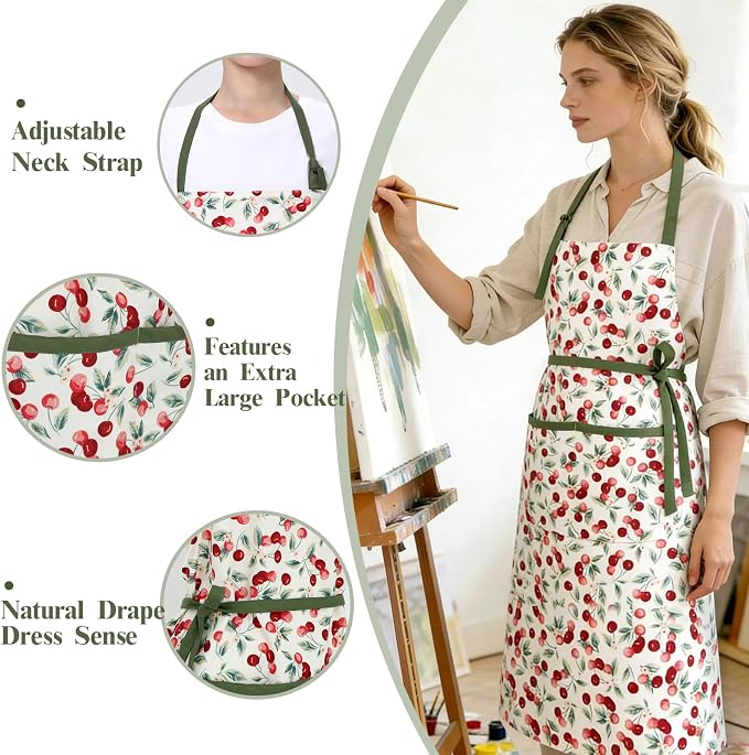 Women's Cherry Floral Print Vintage Kitchen Cooking Apron | Adjustable Tie Straps & Big Storage Pockets, Cute Gardening Pinafore, Nice Gift for Baking & Tea Lovers(Cherry red)