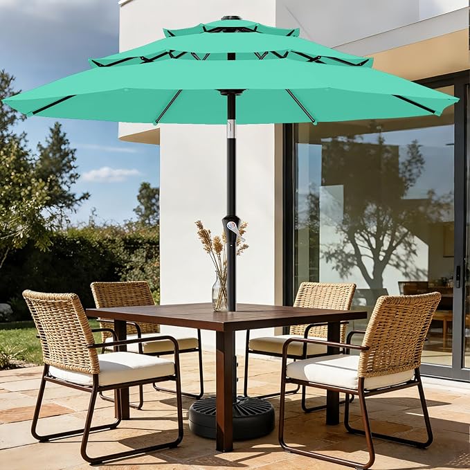 AreShark 9ft 3-Tier Patio Umbrellas, Outdoor Umbrella with 8 Sturdy Ribs UV Protection Windproof, Market Table Umbrella w/Push Button Tilt & Crank for Pool, Porch, Deck, Garden(Aruba Blue)