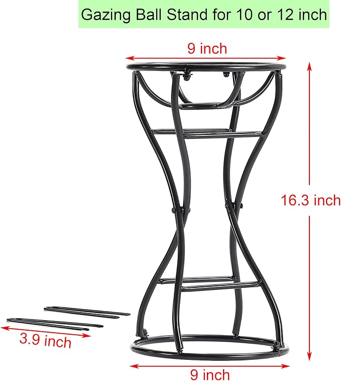 Metal Gazing Ball Holder Stands for 10 or 12 inch Balls, Black Outdoor Gazing Globe Stand for Garden, 9" L x 9" W x 16.6" H