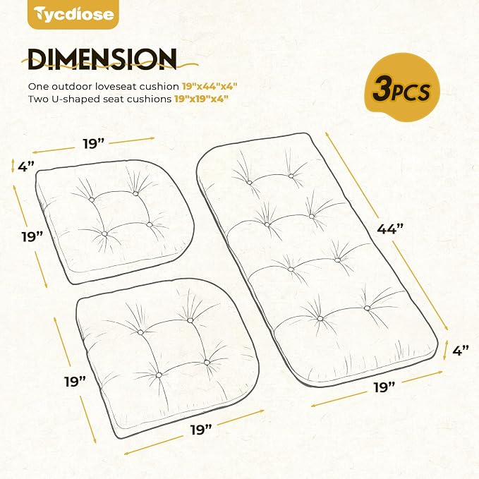 All Weather Wicker Chair Cushions of 3 Pieces, Waterproof Outdoor Wicker Chair Cushion for Patio Furniture Loveseat Settee Bench, 1 Loveseat and 2 U-Shaped Thickened Cushions, Black