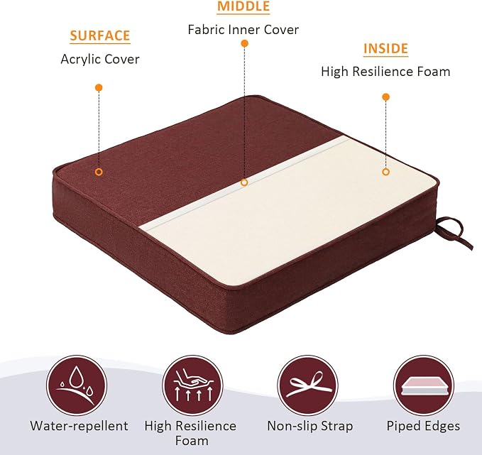 Unimatta Sunbrella Square Corner Seat Cushions, 18.5" x 16" x 3", Set of 4, Indoor Outdoor Water Repellent Universal Chair Pads with Ties for Patio Furniture, Garden Dining Chairs, Spectrum Brick