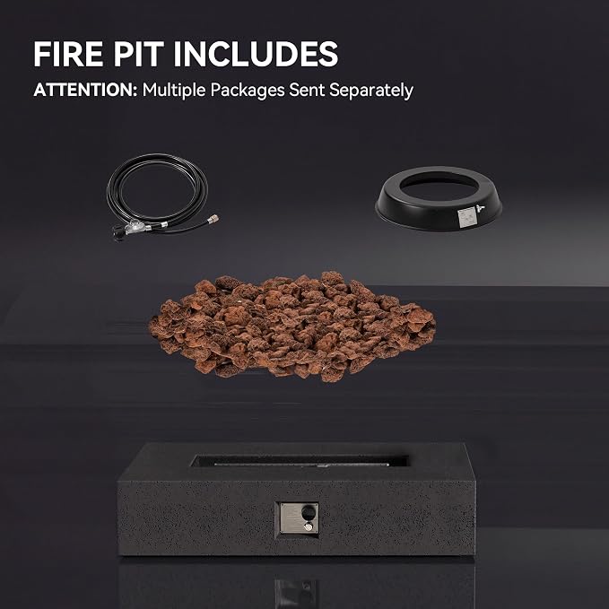 COSIEST 56-inch x 28-inch Outdoor Propane Fire Pit Coffee Table w Concrete Rectangle Base, 50,000 BTU, Free Lava Rocks and RainCover, Fits 20lb Tank Outside, Gray