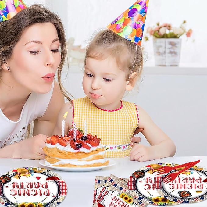 Picnic Party Tableware Set 96 Pcs Disposable Plates Napkins Forks BBQ Birthday Brunch Red White Checkered Sunflower Outdoor Party Decorations Serve 24 Guests