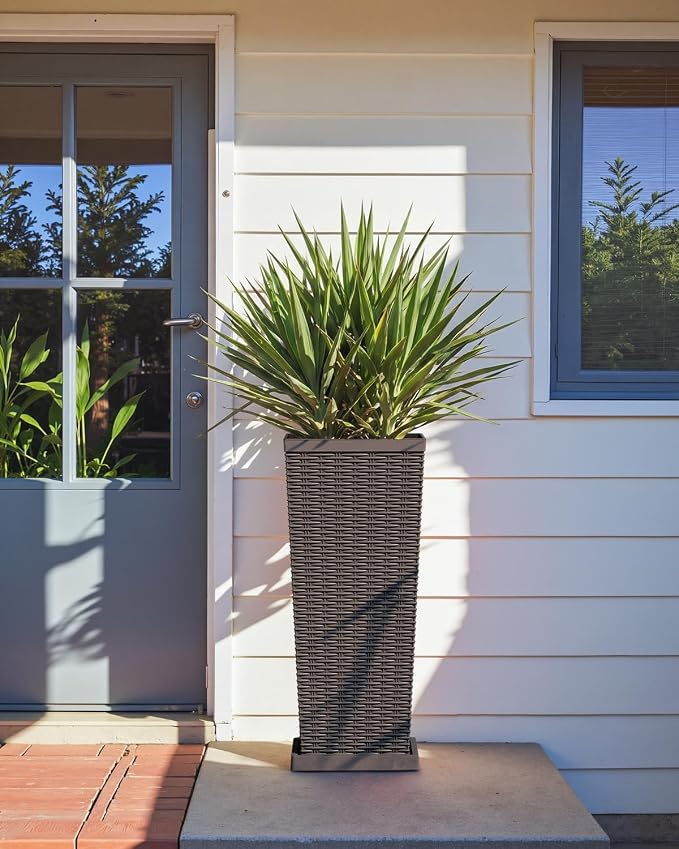 Greesum 30 Inch Tall Plastic Planters with Detachable Inner Pot & Drainage Holes (Set of 2), Extra Large Outdoor Flower Pots for Large Plants, Trees, Patio, and Garden, Brown