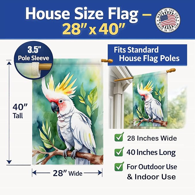 Caroline's Treasures Cockatoo House Flag Large Porch Sleeve Pole Decorative Outside Yard Banner Artwork Wall Hanging, Polyester, House Size, Multicolor