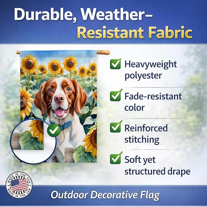 Caroline's Treasures DAC6040CHF Brittany Spaniel in Sunflowers House Flag Large Porch Sleeve Pole Decorative Outside Yard Banner Artwork Wall Hanging, Polyester, House Size, Multicolor