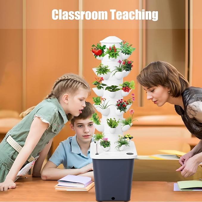 Hydroponic Growing Tower with 10L Tank, 6 Layers 30 Plants Indoor Outdoor Hydroponics Growing System, Soilless Cultivation Herbs Fruits Vegetables Vertical Planter Tower Garden Set Black US