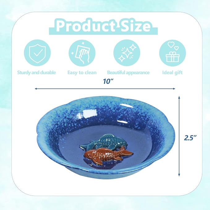 10" W Ceramic Bird Bath Bowl,Bird Bath for Outside with 2 Koi Fish Decor.