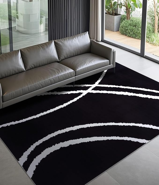 Black Modern Area Rug 5x7,Abstract Rugs for Bedroom,Minimalist Striped Rug,Black and White Geometric Rug,Dark Washable Area Rugs 5x7 Non Slip Throw Rugs for Bedroom，Office