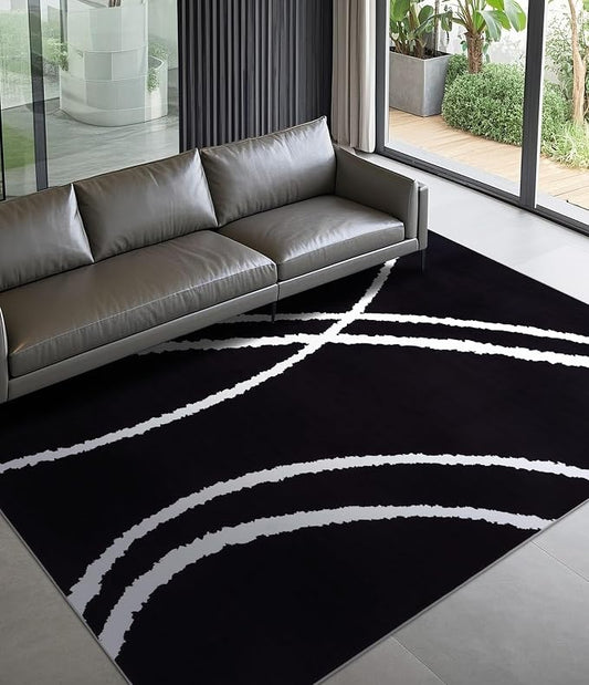 Black Modern Area Rug 5x7,Abstract Rugs for Bedroom,Minimalist Striped Rug,Black and White Geometric Rug,Dark Washable Area Rugs 5x7 Non Slip Throw Rugs for Bedroom，Office
