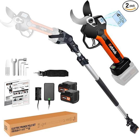 2 In 1 Electric Pruning Shears 40MM, Kebtek Cordless Pruner with Extension Pole 21V Brushless Motor 2Pack 2AH Rechargeable Battery-LCD Display Screen (KT940 Pruner+Pole Set)