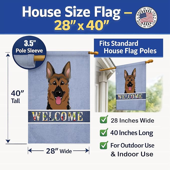 Caroline's Treasures BB1397CHF German Shepherd Welcome House Flag, Blue Large Porch Sleeve Pole Decorative Outside Yard Banner Artwork Wall Hanging, Polyester, House Size, Multicolor