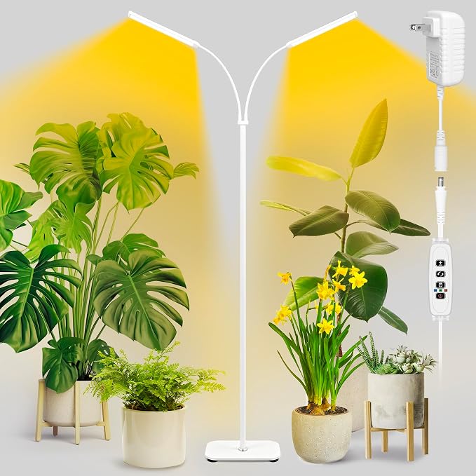 Plant Grow Light for Indoor,Full Spectrum Dual Heads Grow Light | 66.5in Extendable Stand,144 LEDs,10-Level Dimmable, Auto Timer, Adjustable Gooseneck Floor Lamp for Tall Large Plants