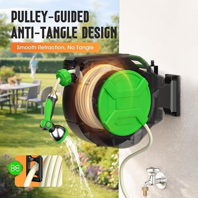 Retractable Garden Hose Reel 1/2" x 100ft, Wall Mounted Water Hose Reel with Auto Rewind, Any Length Lock, 180° Swivel Bracket & 9-Pattern Spray Nozzle, Heavy Duty Outdoor Hose Storage for Garden
