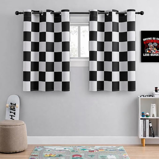 100% Blackout Curtains – Black and White Checkered Race Flag Pattern, 2 Panels, Each W42×L45, Thermal Insulated, Nosie Reducing for Bedroom
