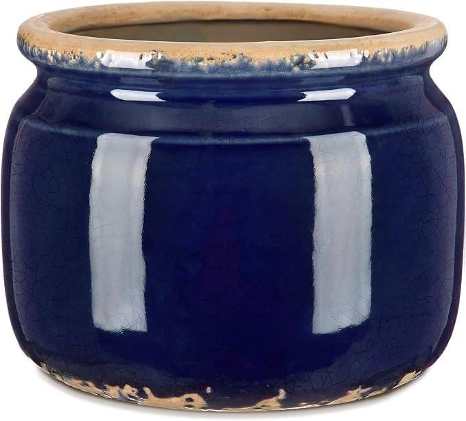7.7" Large Ceramic Plant Pot Navy Blue Vintage Planter Crackle Glaze Decorative Coastal Flowers Pot with Drainage for Indoor Outdoor Plants Home Shelf Kitchen Office Patio Decor Gift