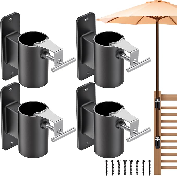 Heavy Duty Deck Railing Umbrella Holder, Patio Umbrella Stand for 1-2 Inch Poles, Space-Saving Design, Secure & Sturdy Flat Mount for Deck Railing, Balcony, Outdoor Courtyard, Fences, 2 Set