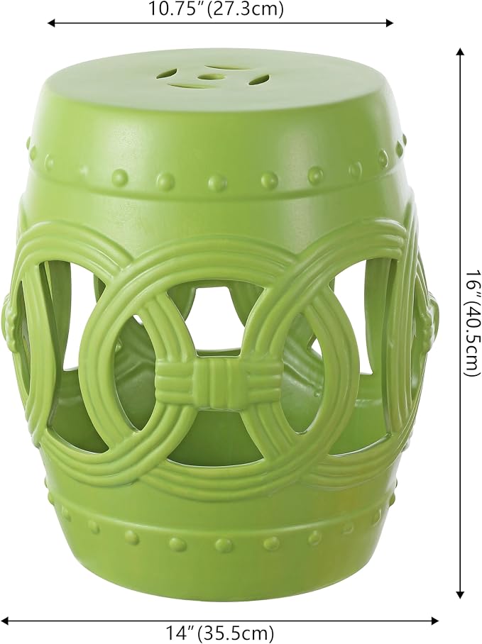 JONATHAN Y Lucky Coins 16" Ceramic Garden Stool, Contemporary Matte Green Cutout Interlocking Rings Drum Indoor/Outdoor Side Table and Plant Stand for Patio, Garden, Living Room TBL1022H