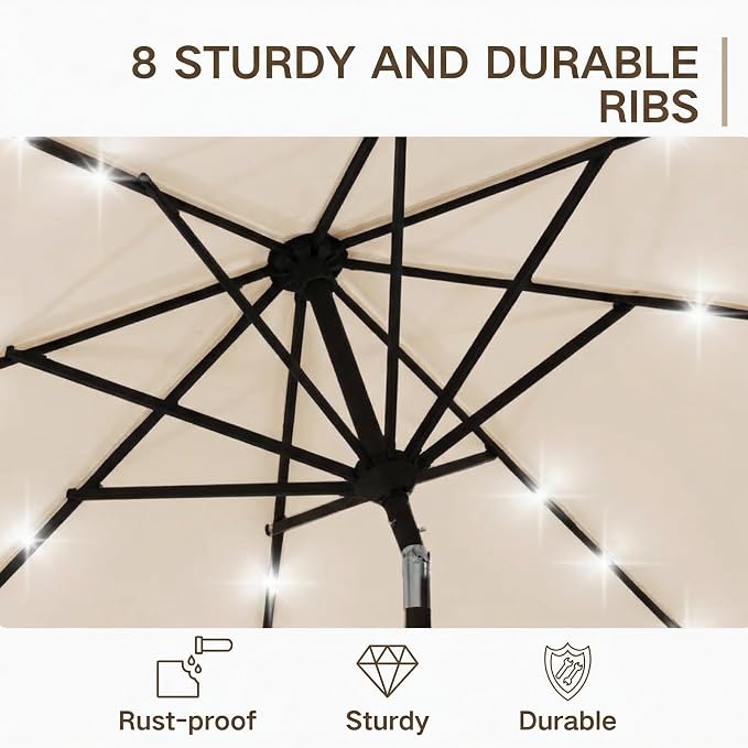 Kingdura 9FT Outdoor Patio Umbrella with Solar Lights, Market Table Umbrella with Push Button Tilt & Crank, 8 Sturdy Ribs, 32 LED Lights, UV Protection for Garden Lawn Deck Backyard Pool (Beige)