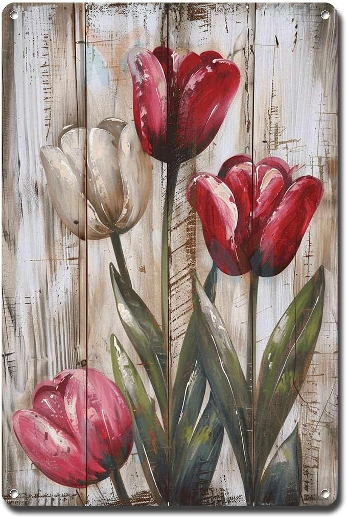 Metal Sign Tin Sign Vintage Wall Art Rustic Tulips Tin Sign for Vintage Style Gardens Shabby Chic Decor and Distressed Wood Panels Tin Sign Gift for Pub 8×12 Inches