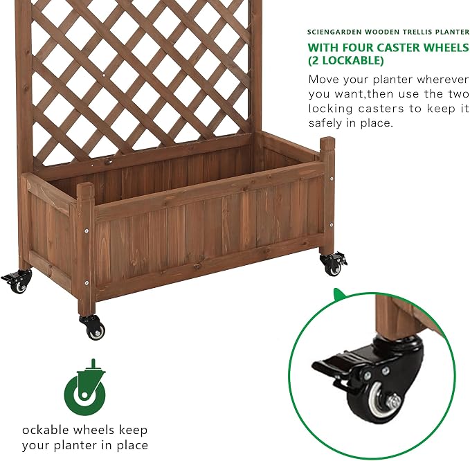 2 Pack Trellis Raised Garden Bed with Wheels, 38" Tall Wooden Planter Box with Trellis, Lattice Privacy Screen with Drainage Holes for Patio Balcony Garden
