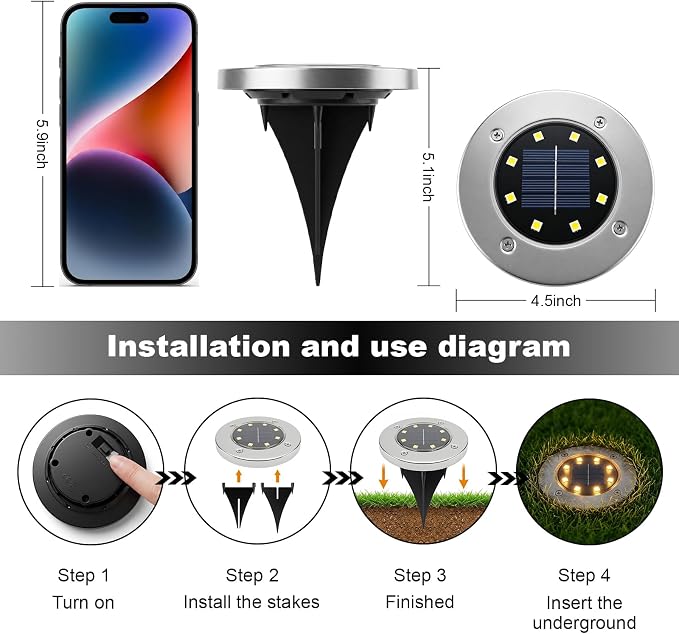 OULONGER 4.6in Solar Ground Lights 10 Packs, Garden Solar Outdoor Waterproof Pathway Bright In-Ground Landscape Lights for Patio, Lawn, Yard, Driveway, Step and Walkway Warm Light