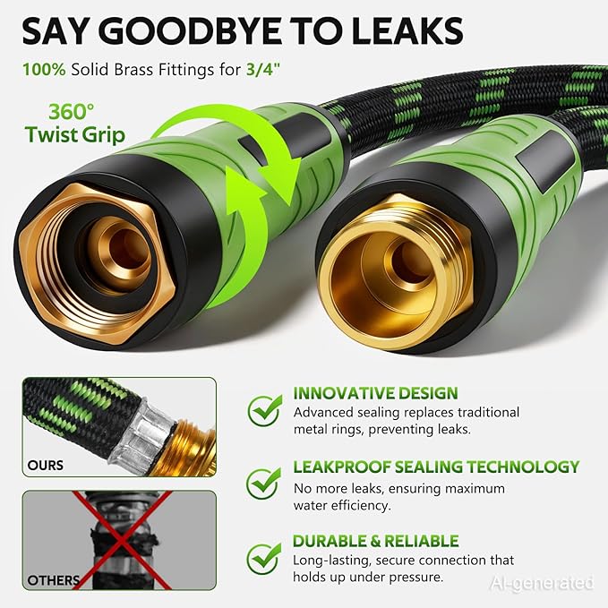 NON-EXPANDABLE Garden Hose 50 FT, Heavy Duty Steel Metal Flexible Water Hose with 10-Function Spray Nozzle, Durable Fabric Skin, No Kinks & Leak-Proof with Upgraded Handle