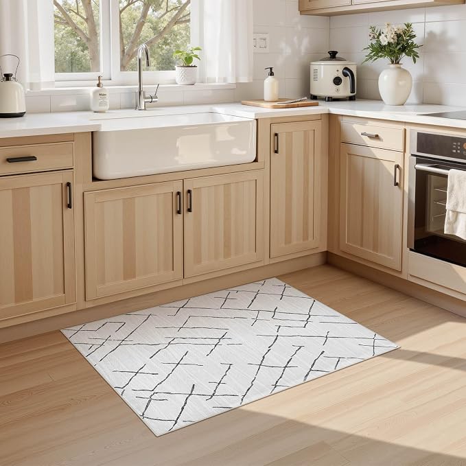 kakania Washable 2x3 Area Rug for Entryway: Boho Geometry Home Decor Rug | Soft Stain Resistant, Low-Pile, Non-Slip, Pet & Kid Friendly, Thin Carpet for Hallway/Kitchen/Bathroom - Light Grey
